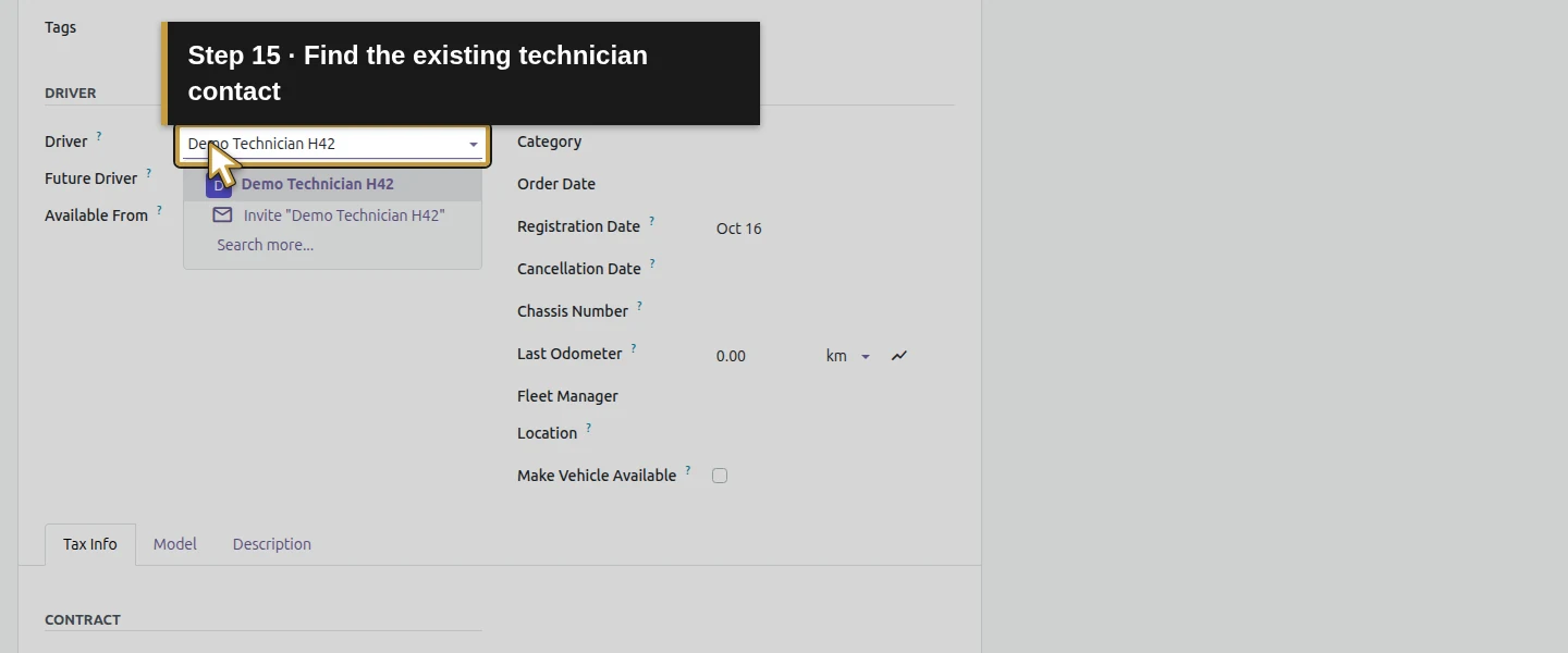 Action 15: Find the existing technician contact. The actual target is highlighted in gold.