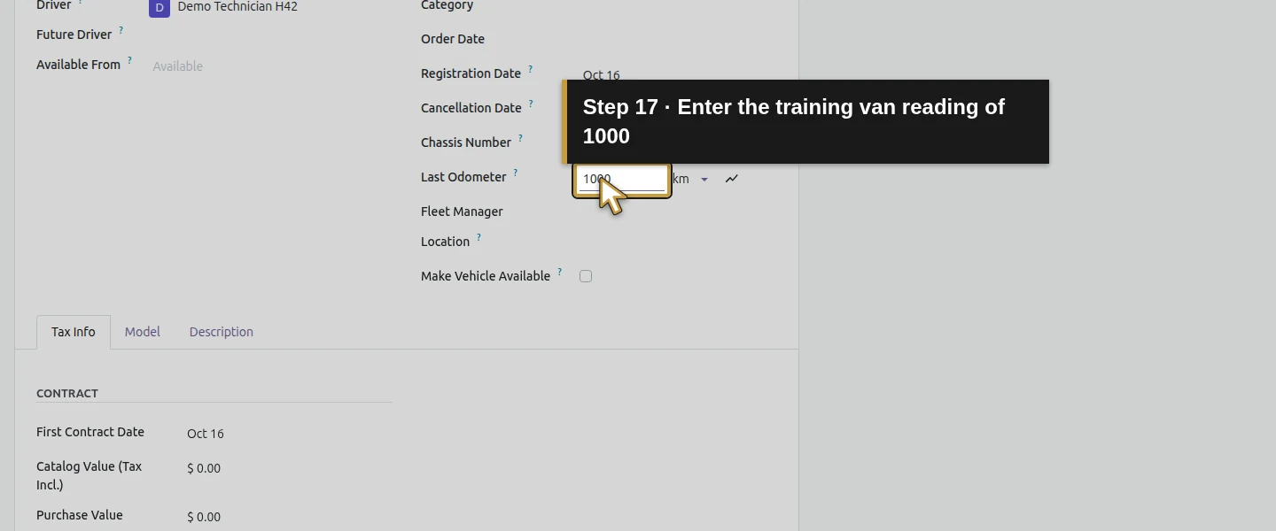 Action 17: Enter the training van reading of 1000. The actual target is highlighted in gold.