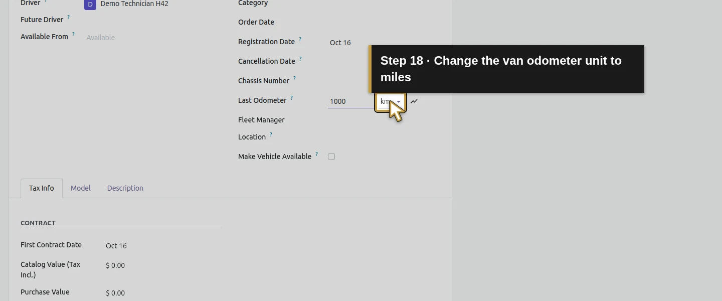 Action 18: Change the van odometer unit to miles. The actual target is highlighted in gold.