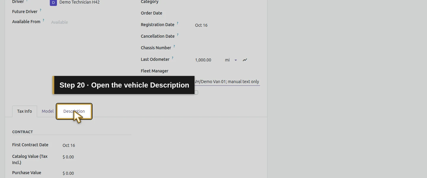 Action 20: Open the vehicle Description. The actual target is highlighted in gold.