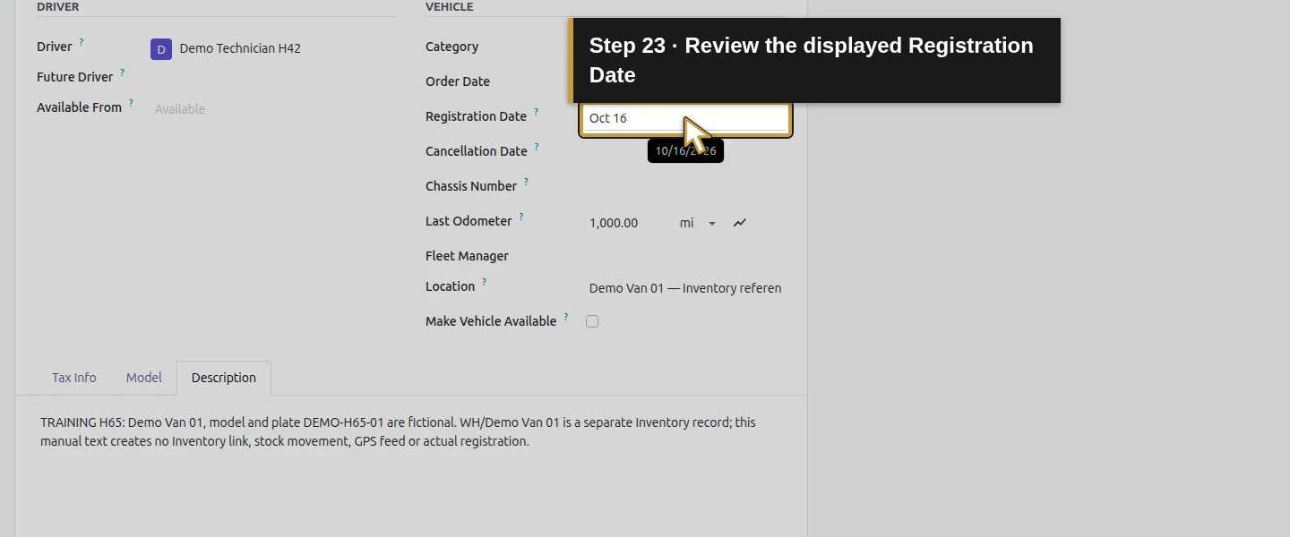 Action 23: Review the displayed Registration Date. The actual target is highlighted in gold.