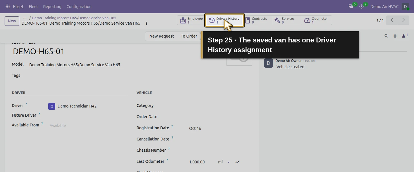 Action 25: The saved van has one Driver History assignment. The actual target is highlighted in gold.