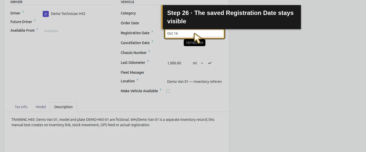 Action 26: The saved Registration Date stays visible. The actual target is highlighted in gold.