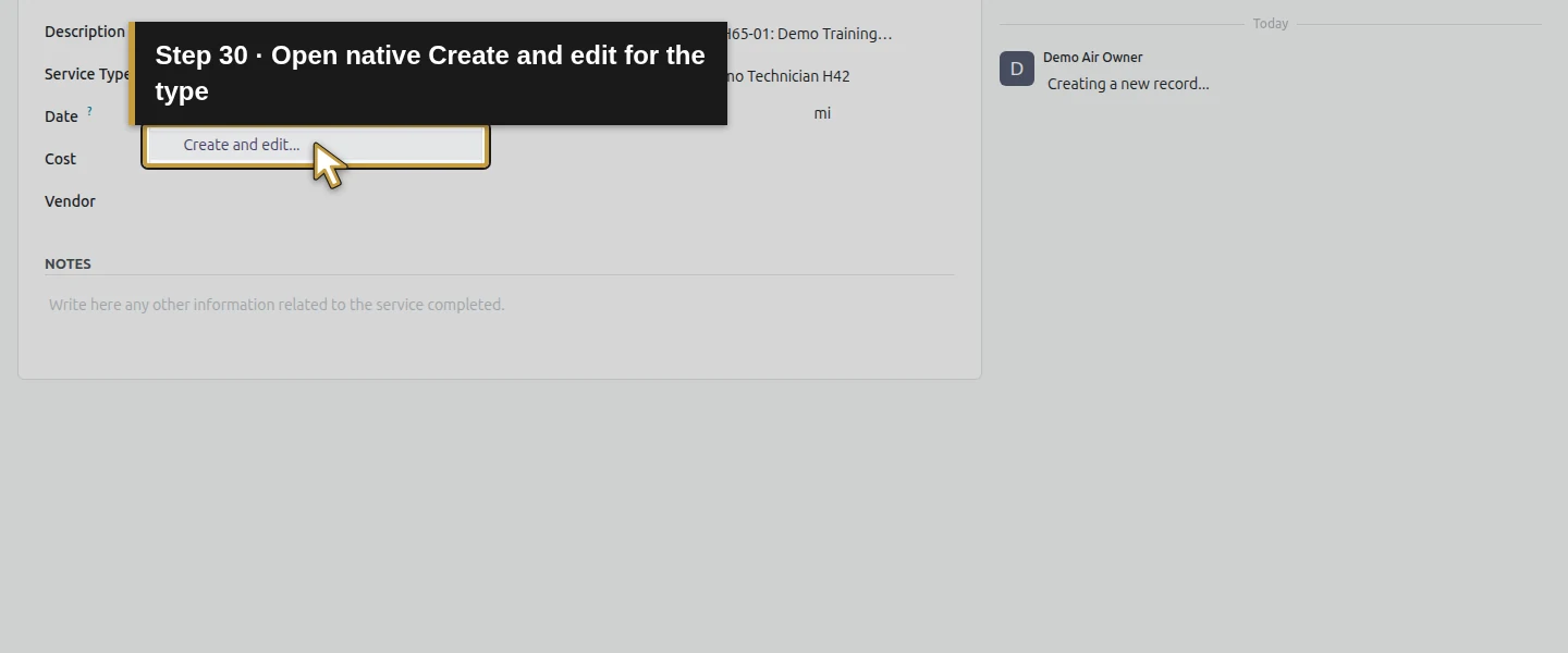 Action 30: Open native Create and edit for the type. The actual target is highlighted in gold.