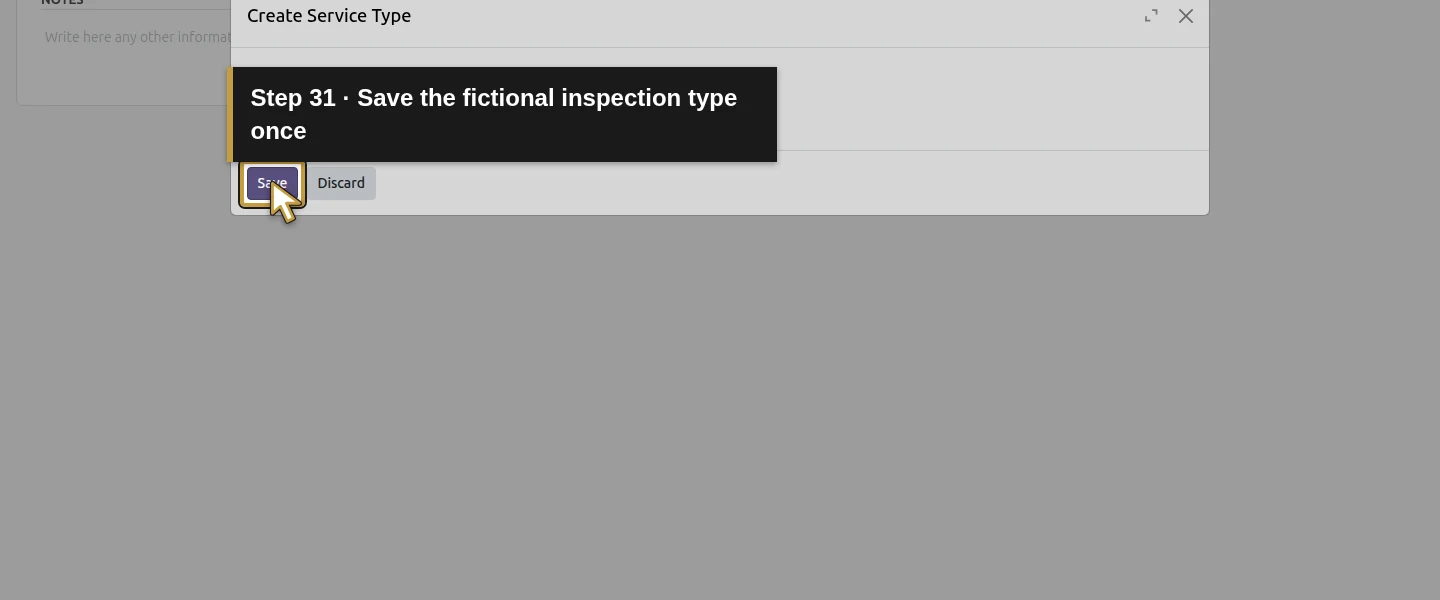 Action 31: Save the fictional inspection type once. The actual target is highlighted in gold.