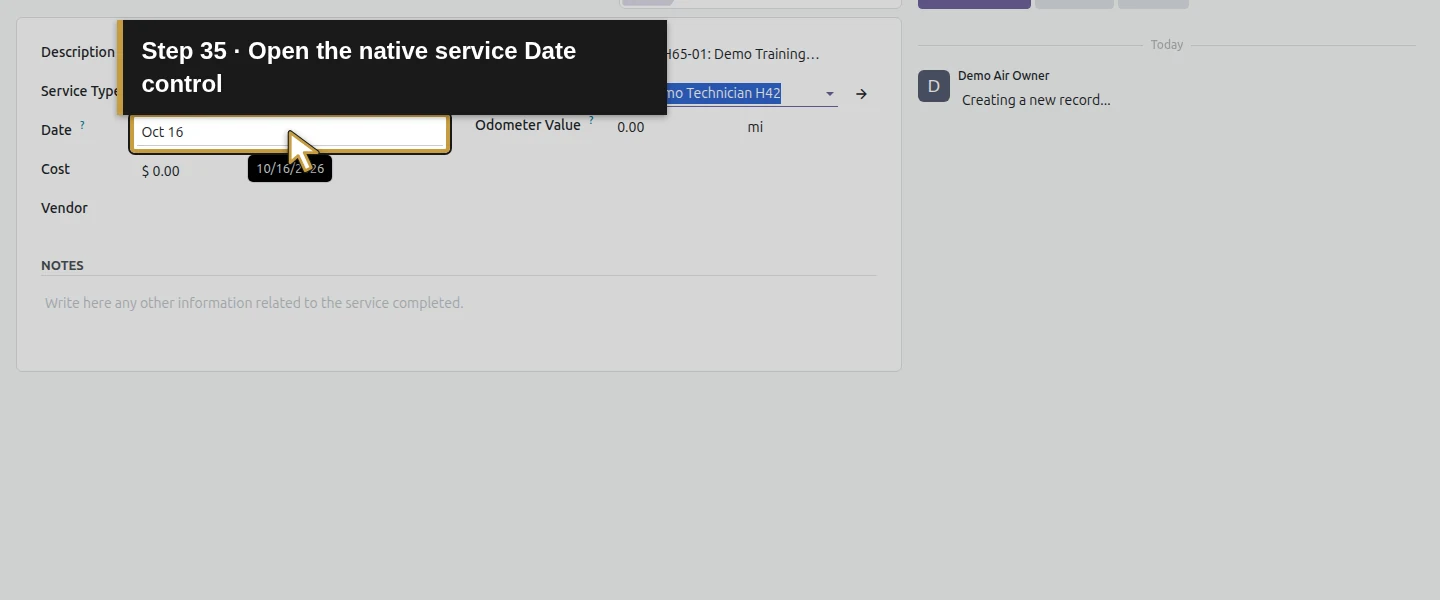 Action 35: Open the native service Date control. The actual target is highlighted in gold.