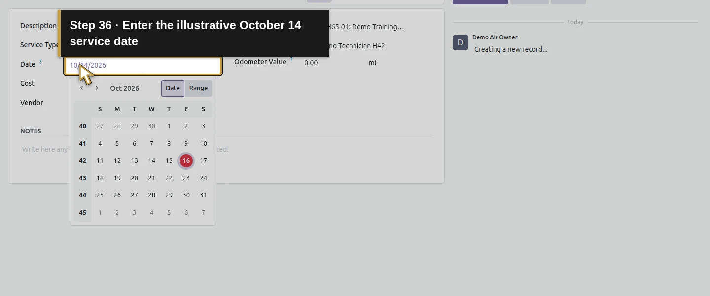 Action 36: Enter the illustrative October 14 service date. The actual target is highlighted in gold.