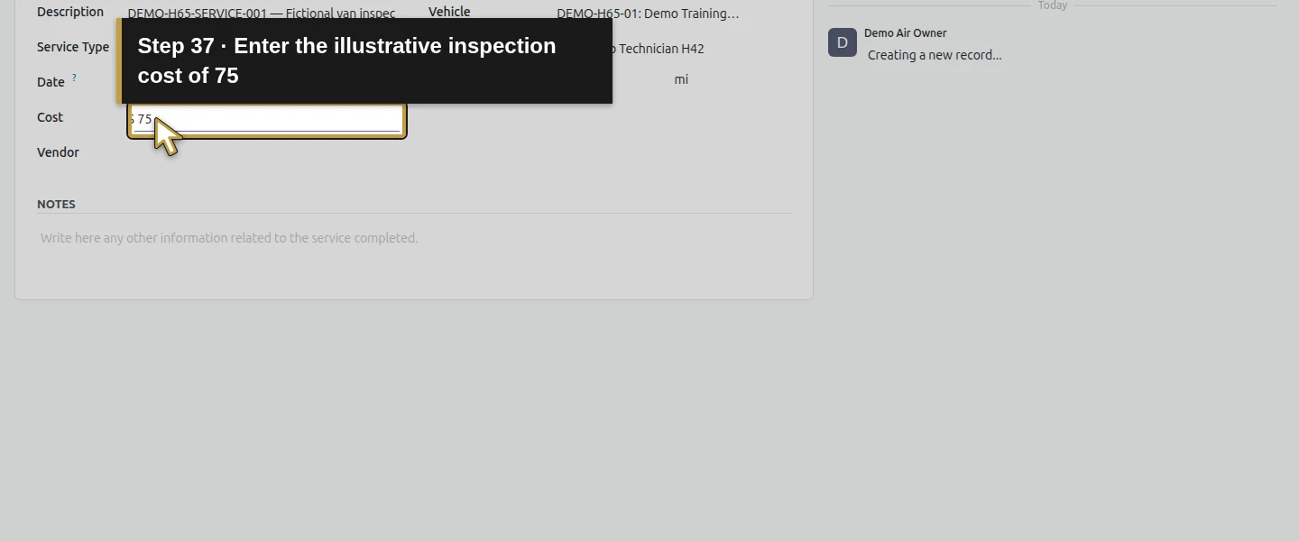 Action 37: Enter the illustrative inspection cost of 75. The actual target is highlighted in gold.