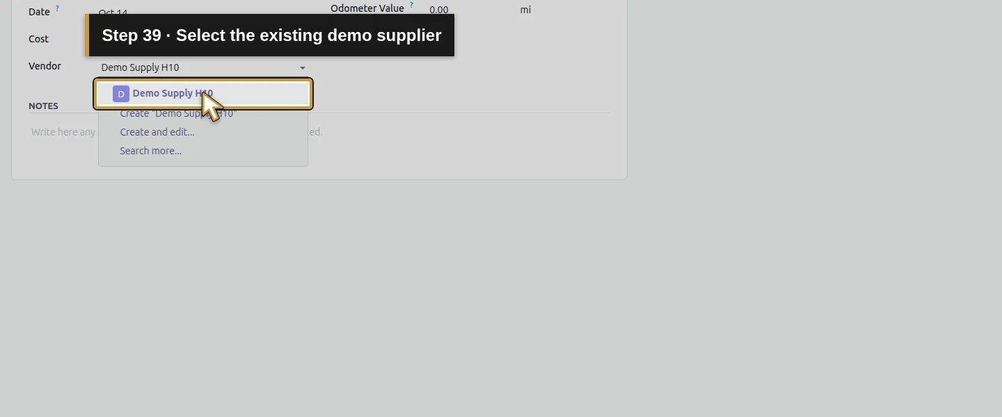 Action 39: Select the existing demo supplier. The actual target is highlighted in gold.