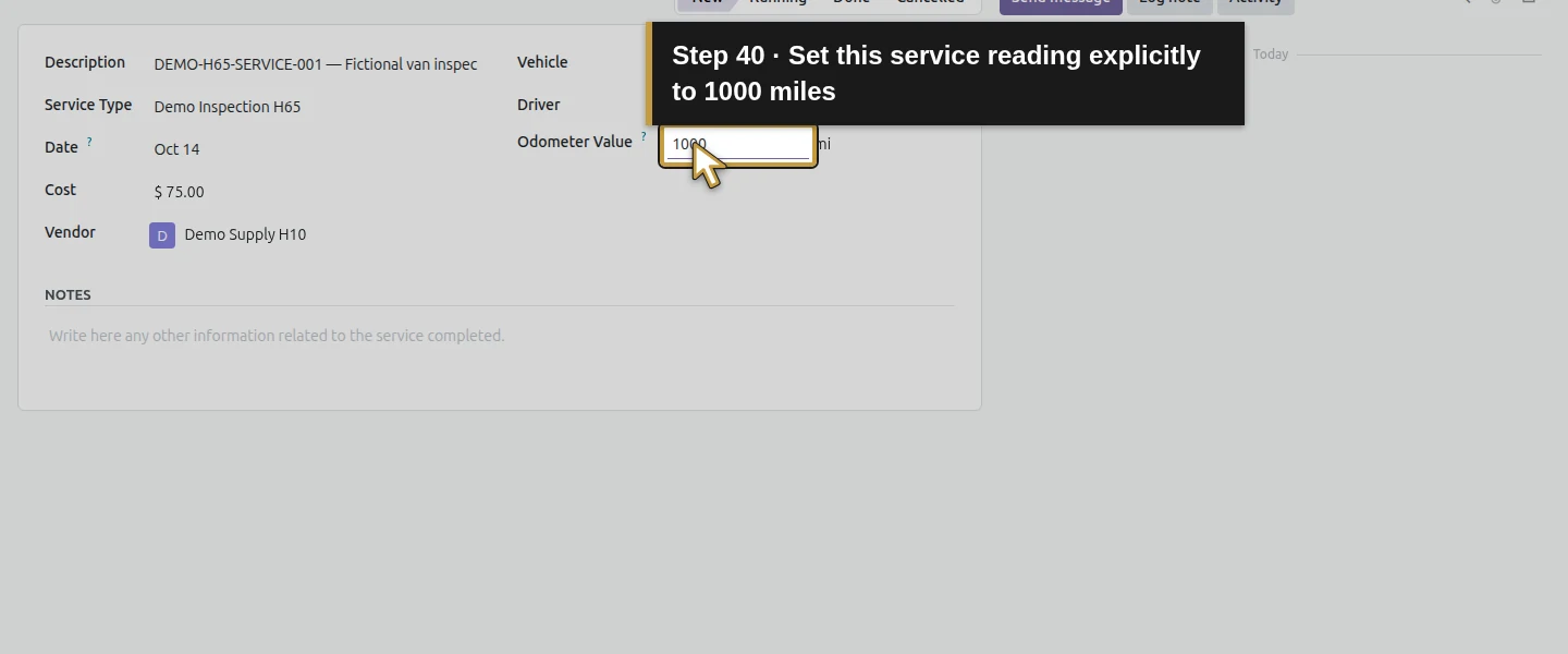 Action 40: Set this service reading explicitly to 1000 miles. The actual target is highlighted in gold.