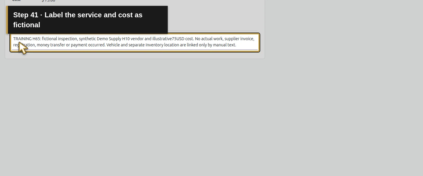 Action 41: Label the service and cost as fictional. The actual target is highlighted in gold.