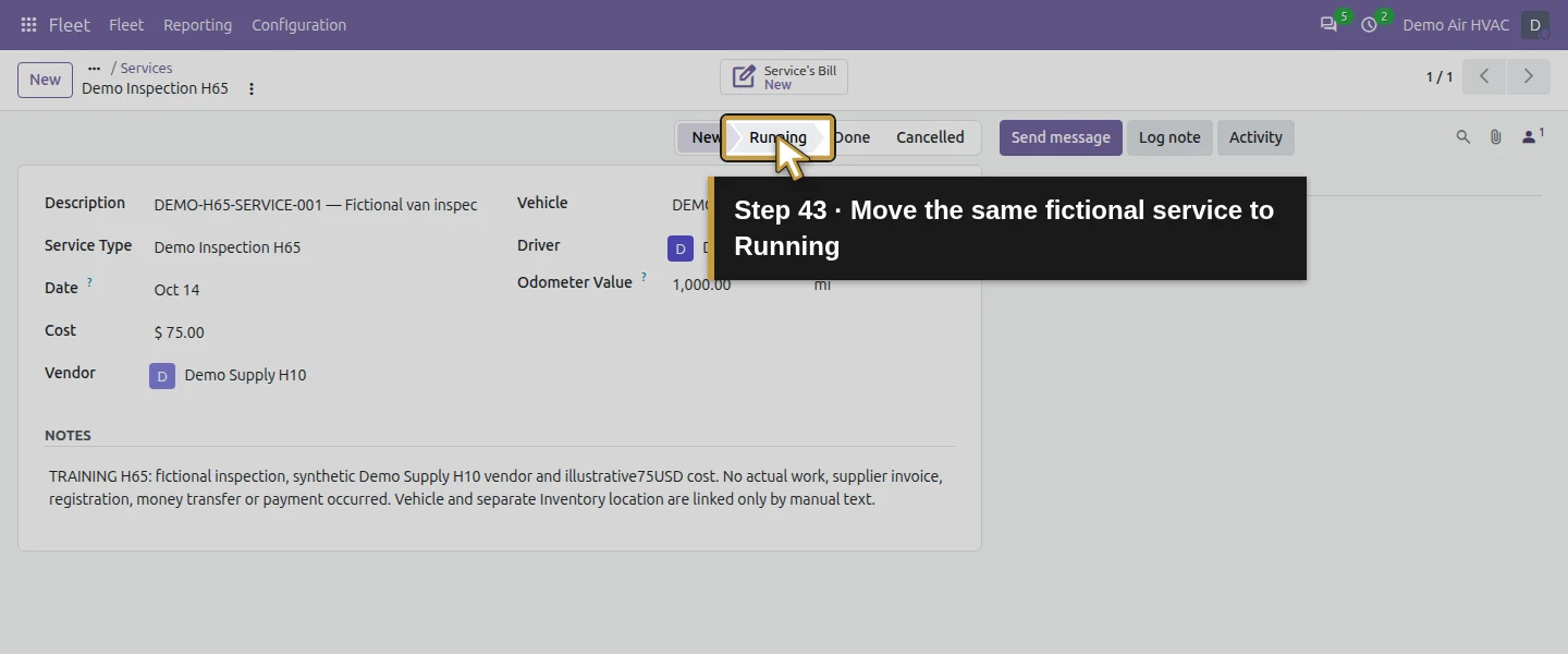 Action 43: Move the same fictional service to Running. The actual target is highlighted in gold.