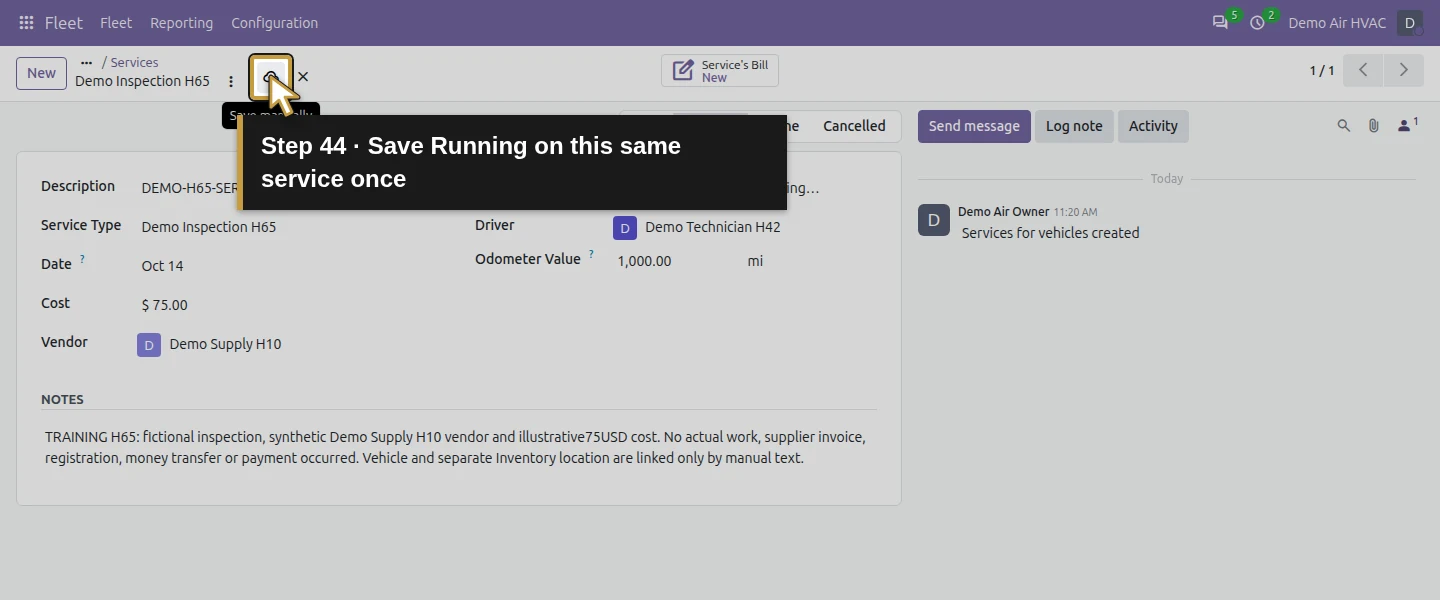 Action 44: Save Running on this same service once. The actual target is highlighted in gold.