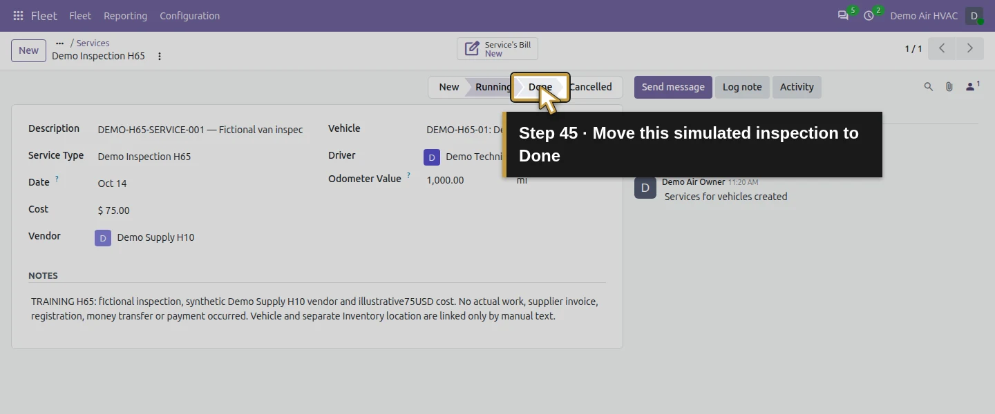 Action 45: Move this simulated inspection to Done. The actual target is highlighted in gold.