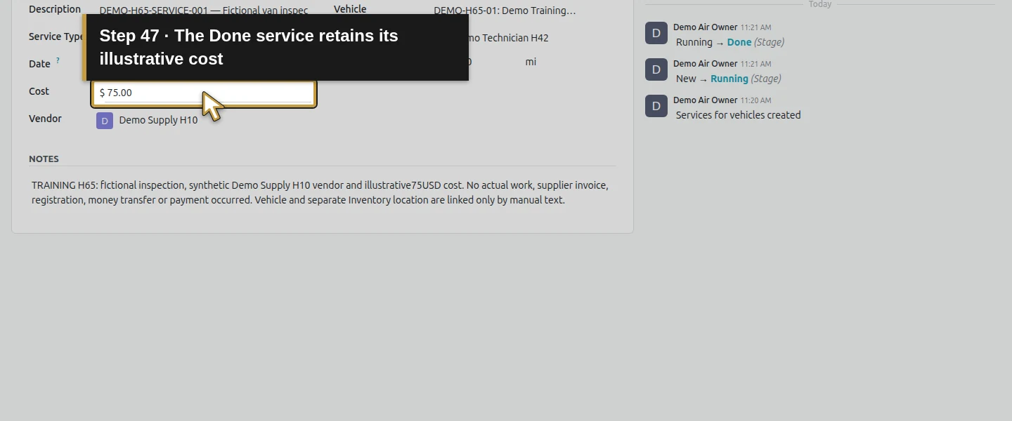 Action 47: The Done service retains its illustrative cost. The actual target is highlighted in gold.