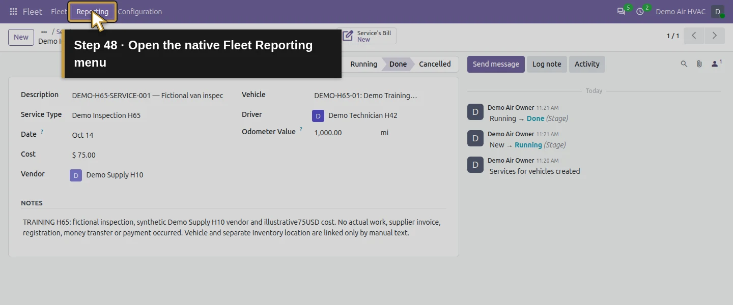 Action 48: Open the native Fleet Reporting menu. The actual target is highlighted in gold.