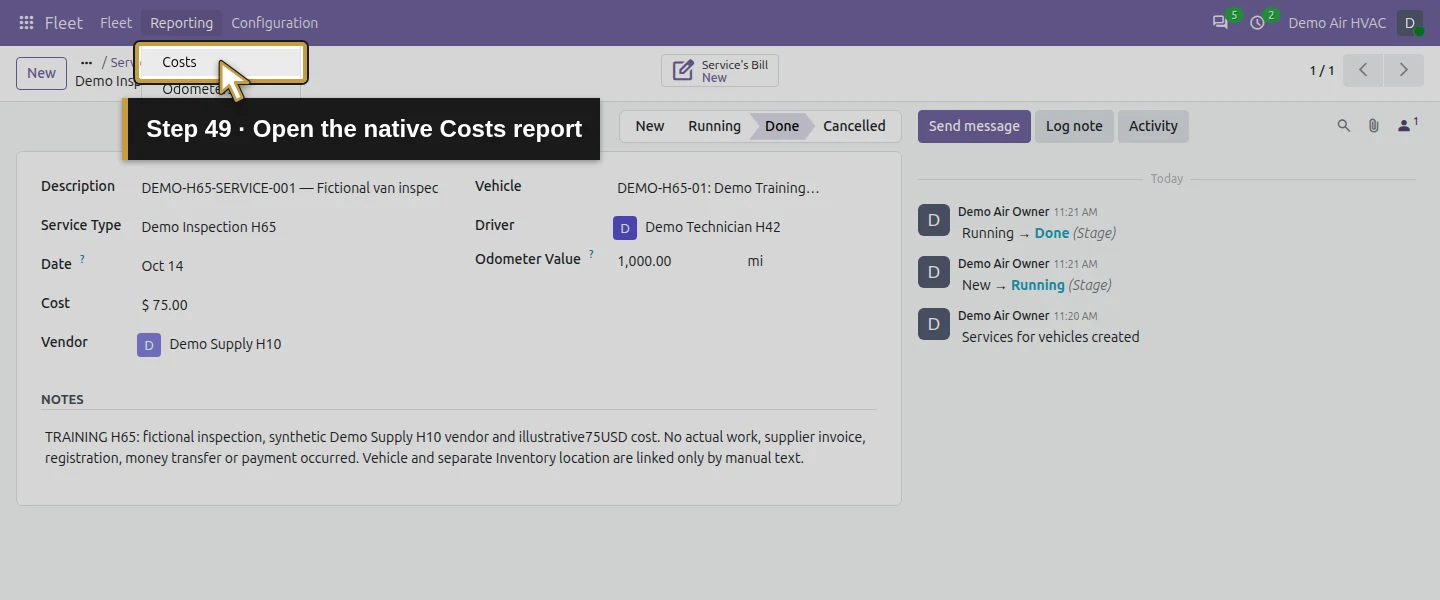 Action 49: Open the native Costs report. The actual target is highlighted in gold.