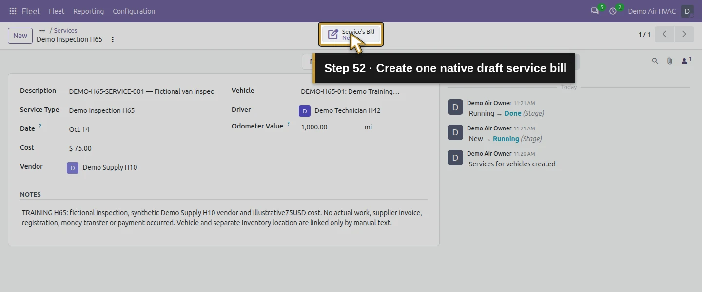 Action 52: Create one native draft service bill. The actual target is highlighted in gold.