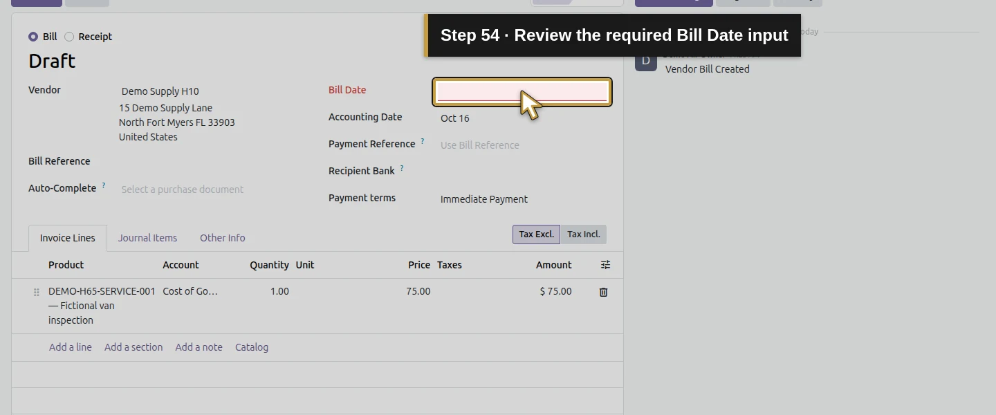 Action 54: Review the required Bill Date input. The actual target is highlighted in gold.