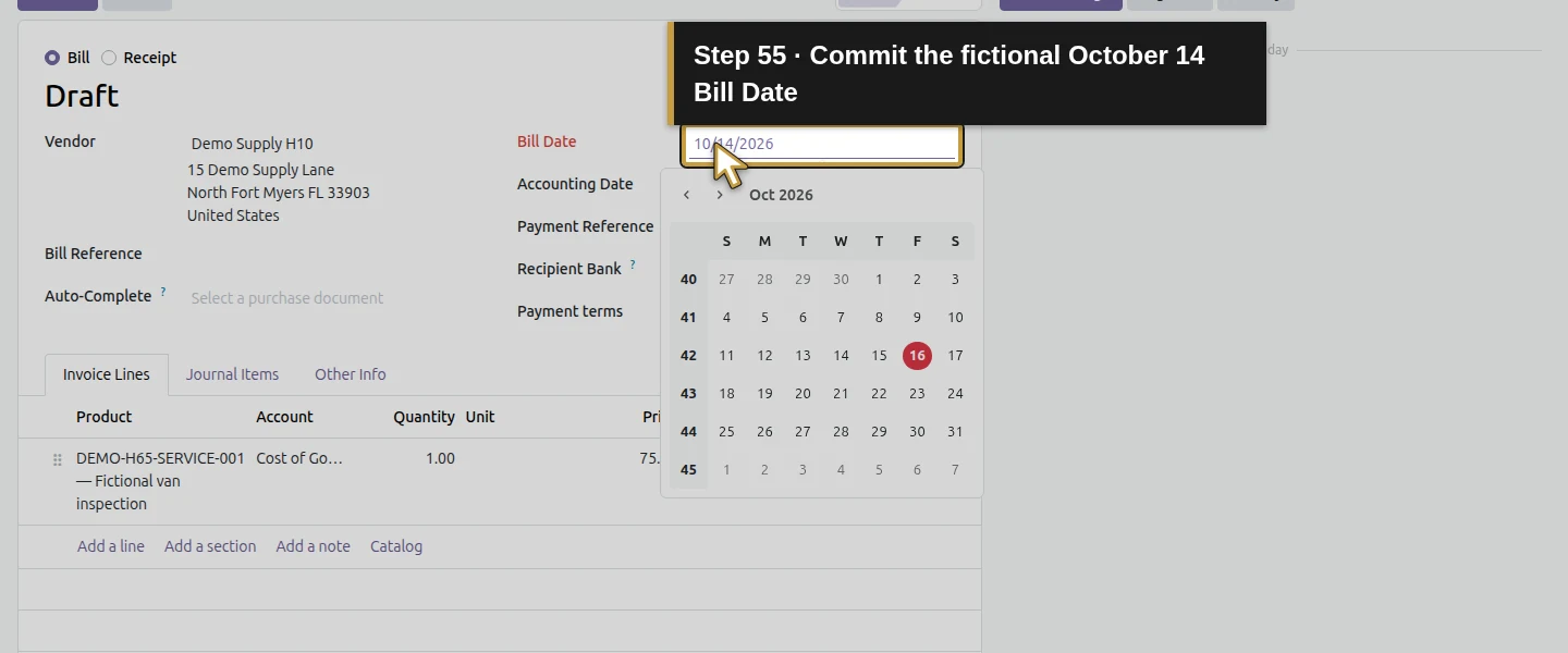 Action 55: Commit the fictional October 14 Bill Date. The actual target is highlighted in gold.