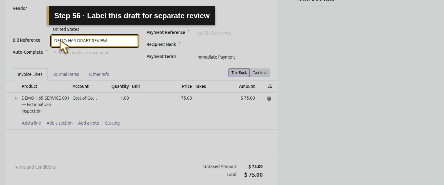 Action 56: Label this draft for separate review. The actual target is highlighted in gold.