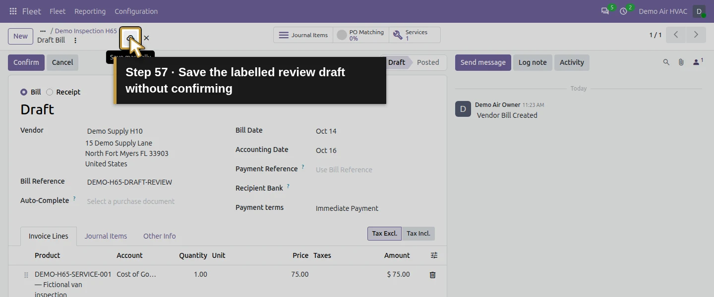 Action 57: Save the labelled review draft without confirming. The actual target is highlighted in gold.