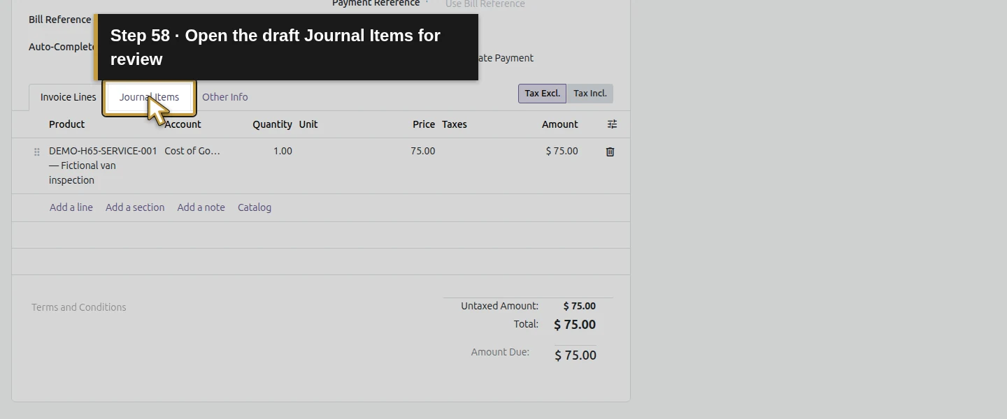 Action 58: Open the draft Journal Items for review. The actual target is highlighted in gold.