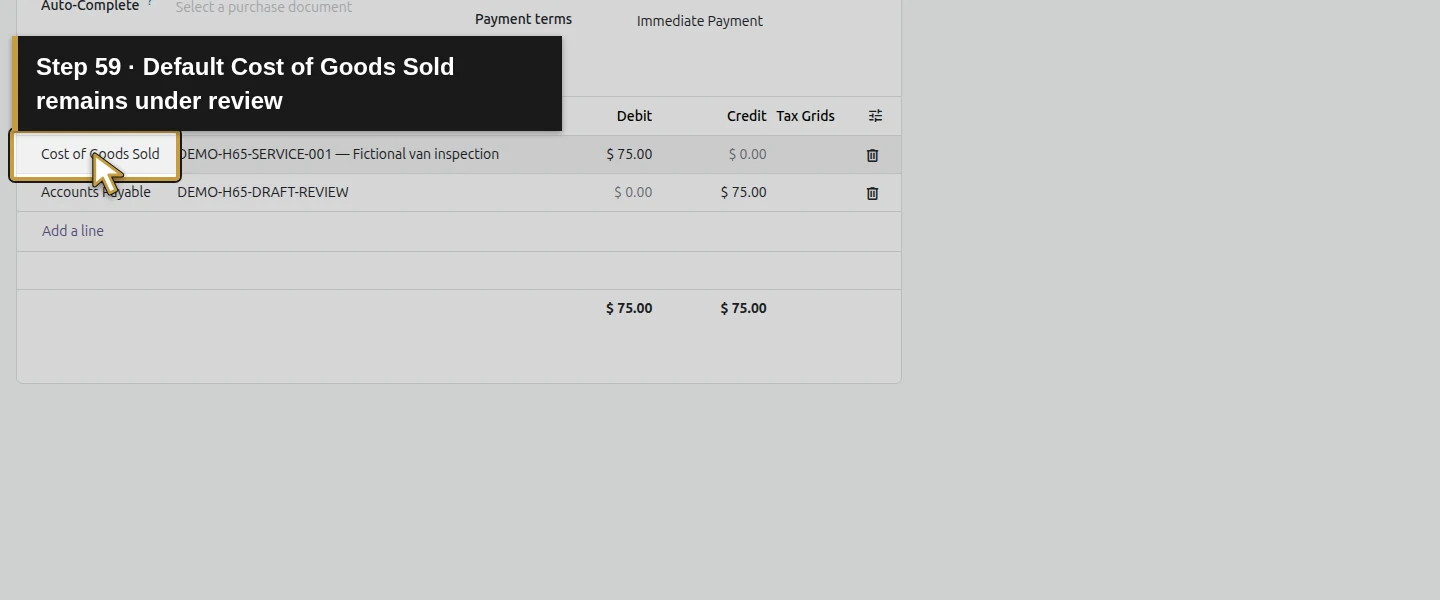 Action 59: Default Cost of Goods Sold remains under review. The actual target is highlighted in gold.