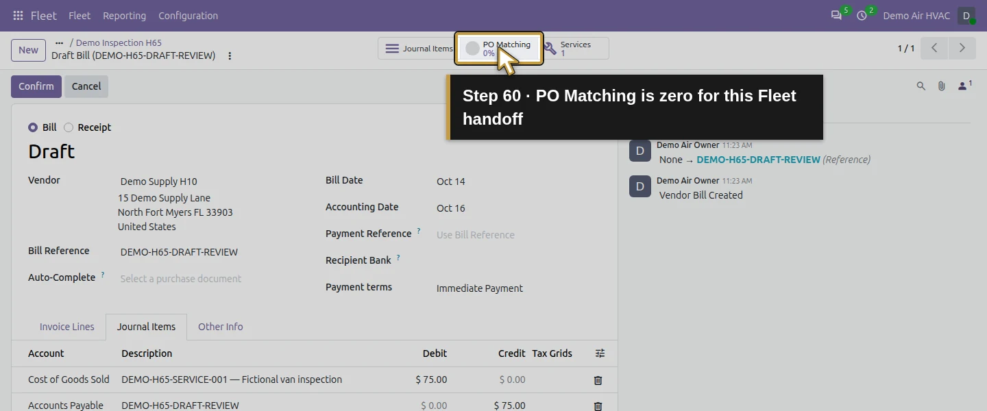 Action 60: PO Matching is zero for this Fleet handoff. The actual target is highlighted in gold.
