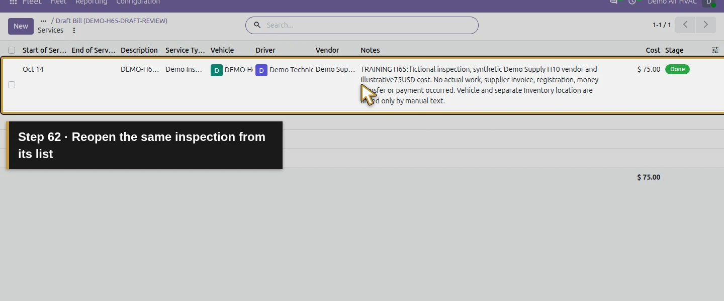 Action 62: Reopen the same inspection from its list. The actual target is highlighted in gold.