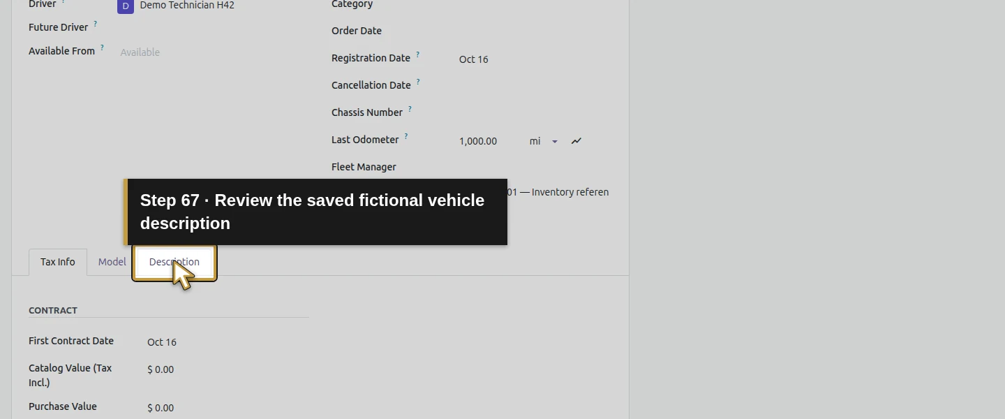 Action 67: Review the saved fictional vehicle description. The actual target is highlighted in gold.