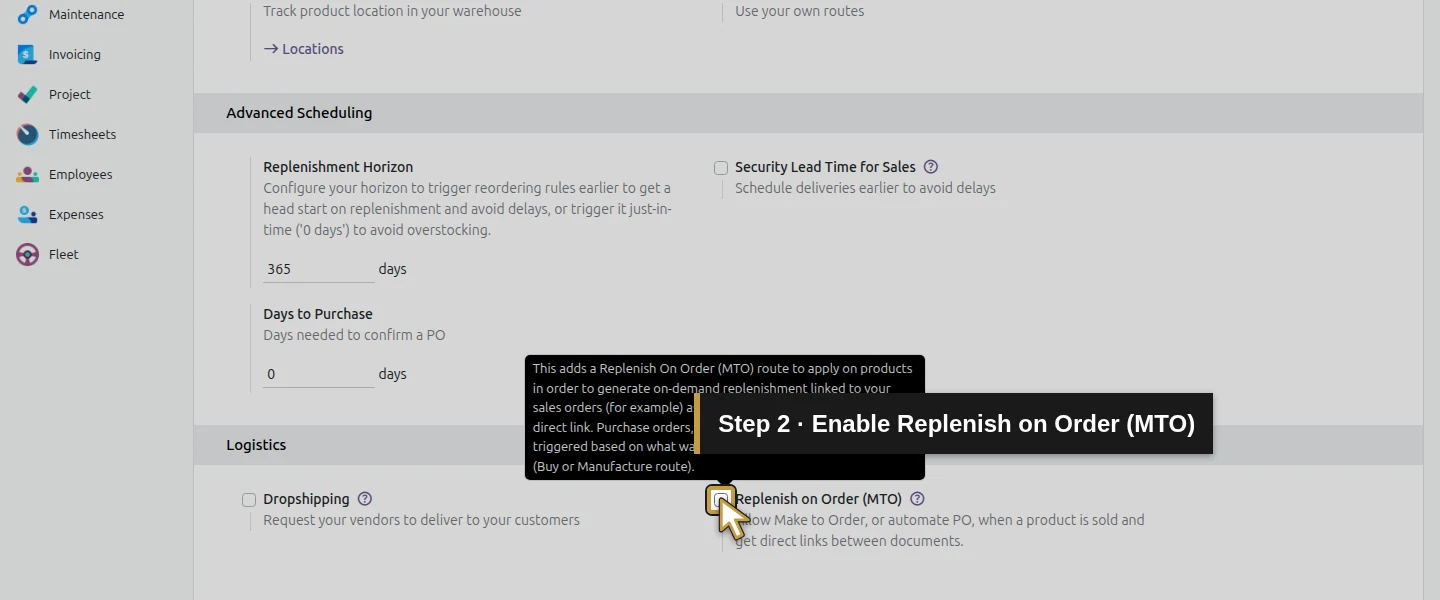 Action 2: Enable Replenish on Order (MTO). The actual target is highlighted in gold.