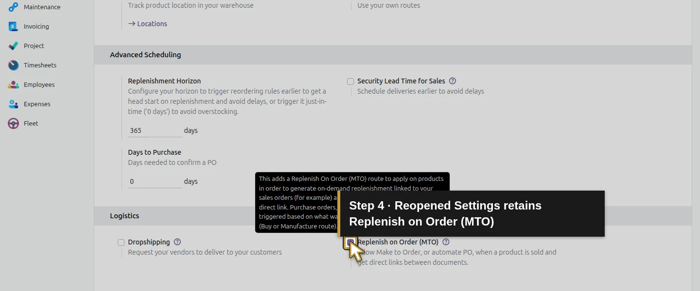 Action 4: Reopened Settings retains Replenish on Order (MTO). The actual target is highlighted in gold.