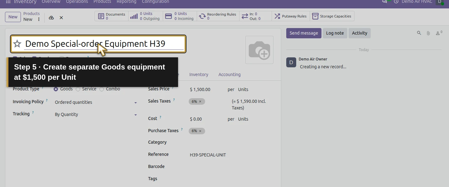 Action 5: Create separate Goods equipment at $1,500 per Unit. The actual target is highlighted in gold.