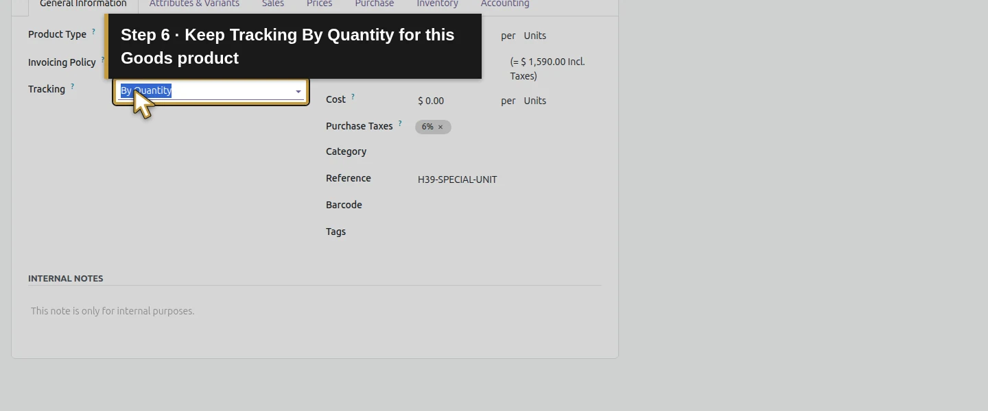 Action 6: Keep Tracking By Quantity for this Goods product. The actual target is highlighted in gold.