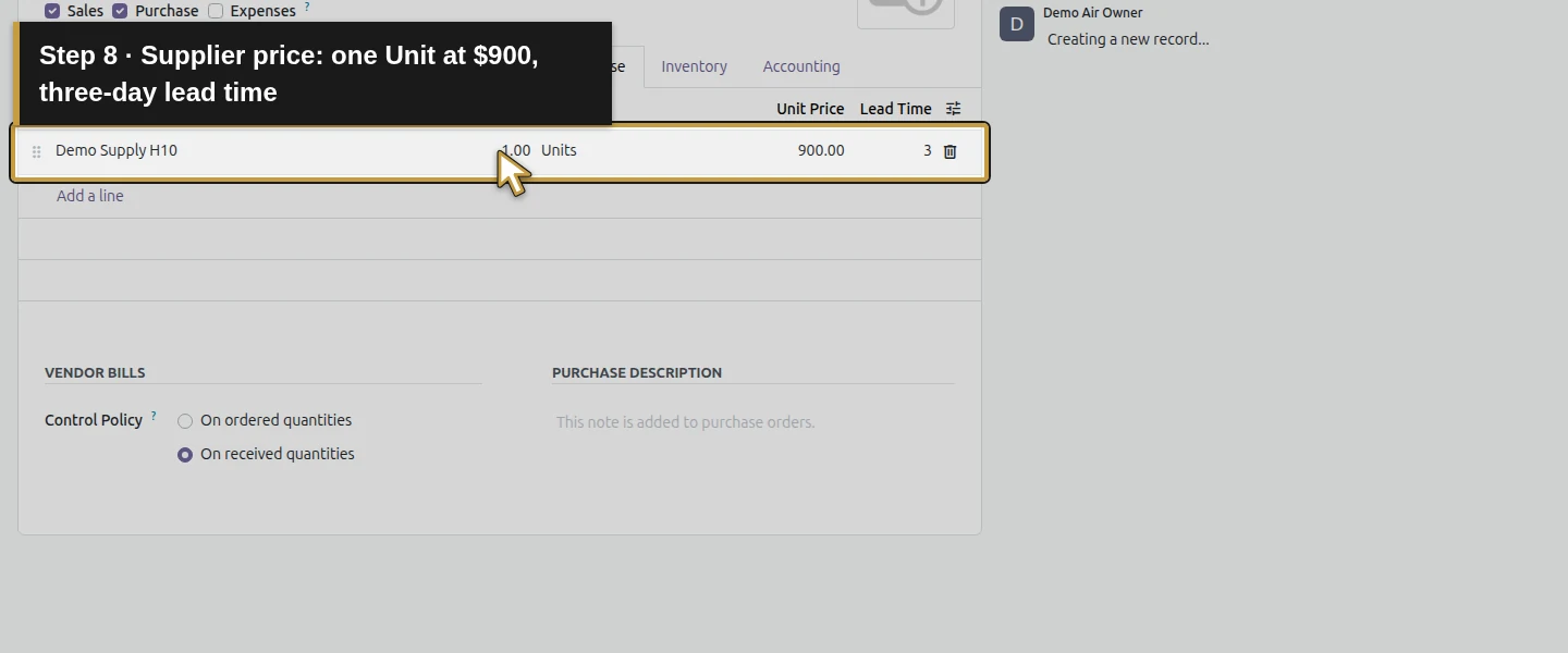 Action 8: Supplier price: one Unit at $900, three-day lead time. The actual target is highlighted in gold.