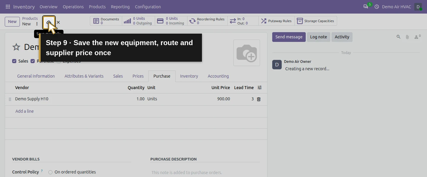 Action 9: Save the new equipment, route and supplier price once. The actual target is highlighted in gold.