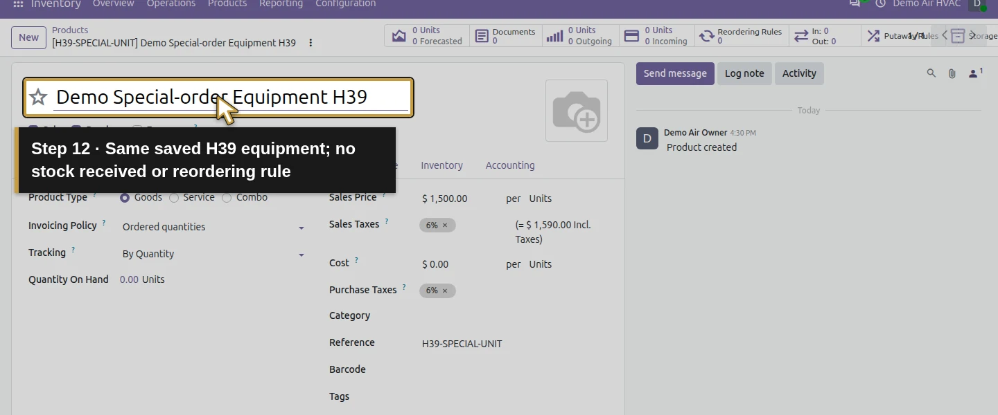Action 12: Same saved H39 equipment; no stock received or reordering rule. The actual target is highlighted in gold.