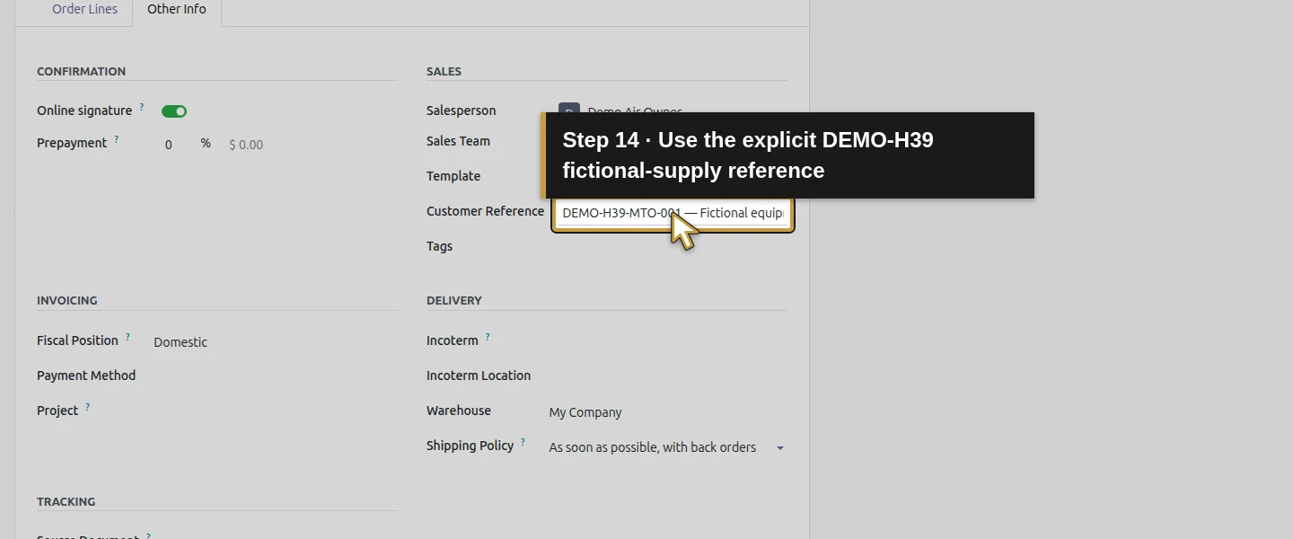 Action 14: Use the explicit DEMO-H39 fictional-supply reference. The actual target is highlighted in gold.