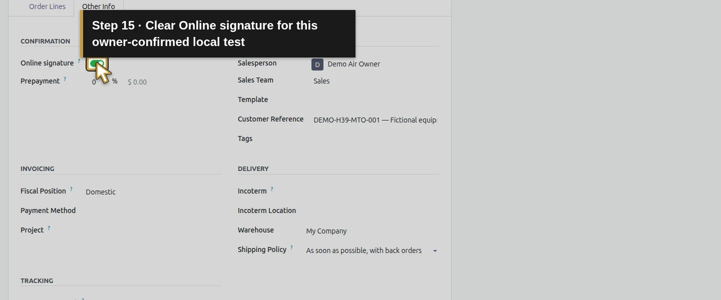 Action 15: Clear Online signature for this owner-confirmed local test. The actual target is highlighted in gold.