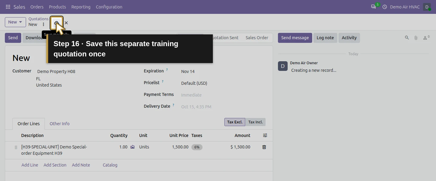 Action 16: Save this separate training quotation once. The actual target is highlighted in gold.