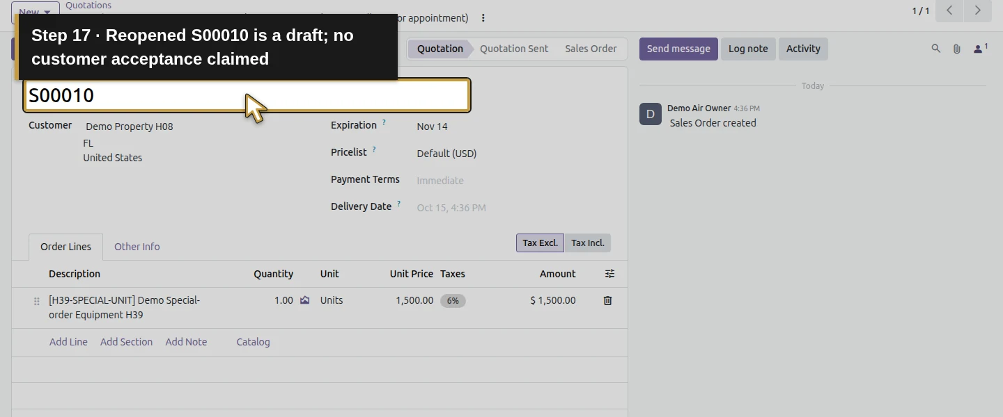 Action 17: Reopened S00010 is a draft; no customer acceptance claimed. The actual target is highlighted in gold.