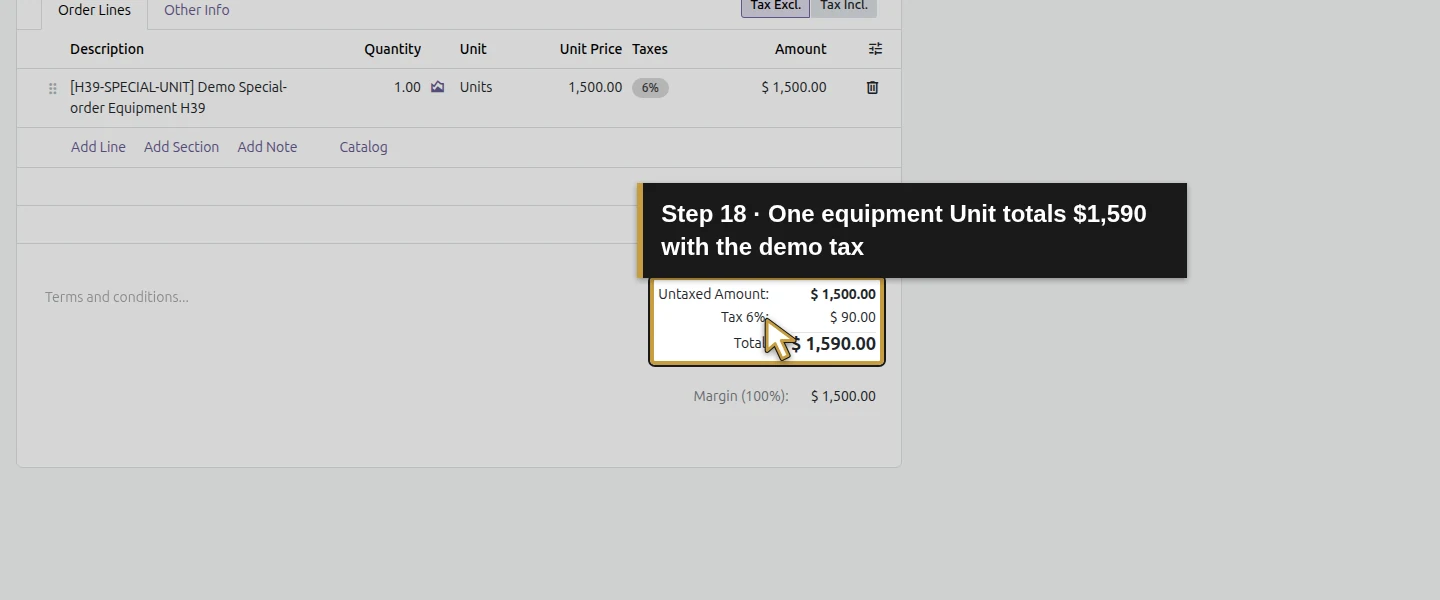 Action 18: One equipment Unit totals $1,590 with the demo tax. The actual target is highlighted in gold.