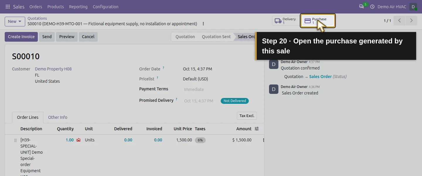 Action 20: Open the purchase generated by this sale. The actual target is highlighted in gold.