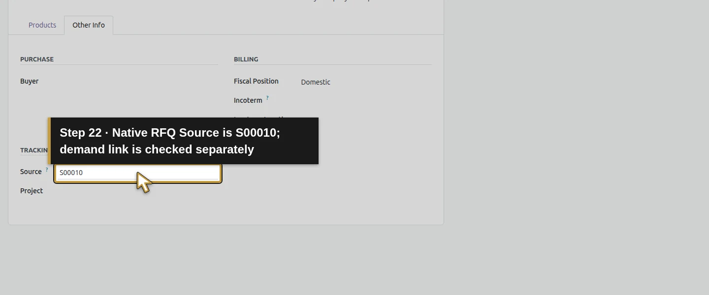 Action 22: Native RFQ Source is S00010; demand link is checked separately. The actual target is highlighted in gold.