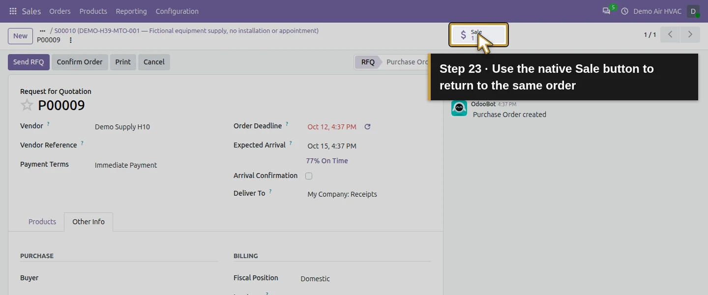 Action 23: Use the native Sale button to return to the same order. The actual target is highlighted in gold.