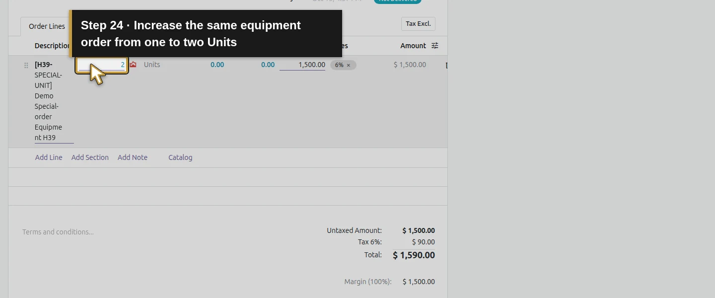 Action 24: Increase the same equipment order from one to two Units. The actual target is highlighted in gold.