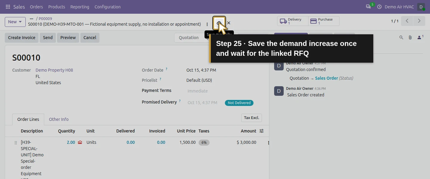 Action 25: Save the demand increase once and wait for the linked RFQ. The actual target is highlighted in gold.