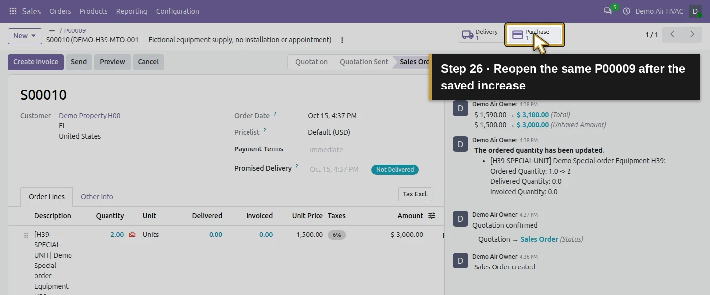Action 26: Reopen the same P00009 after the saved increase. The actual target is highlighted in gold.