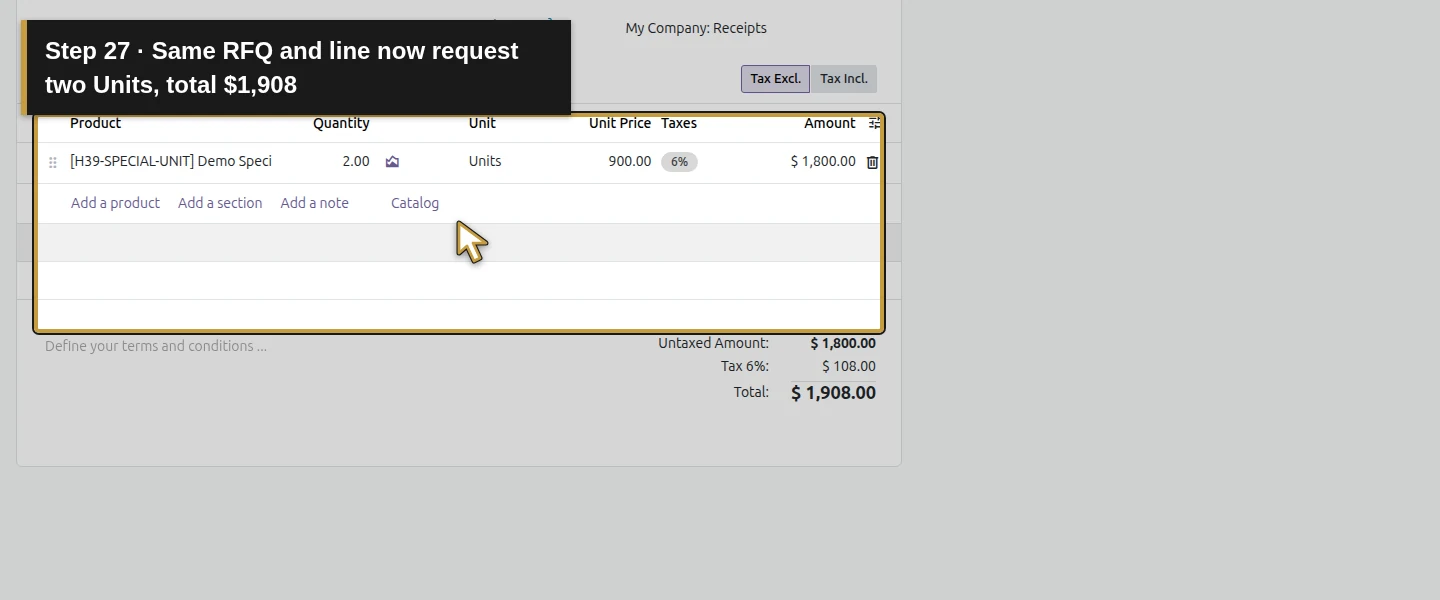 Action 27: Same RFQ and line now request two Units, total $1,908. The actual target is highlighted in gold.